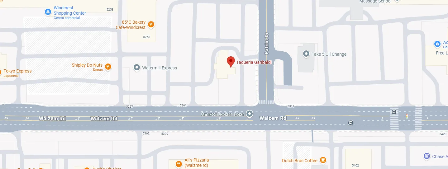 Map showing location of Taqueria Garibaldi at 5299 Walzem Rd, San Antonio, TX 78218
